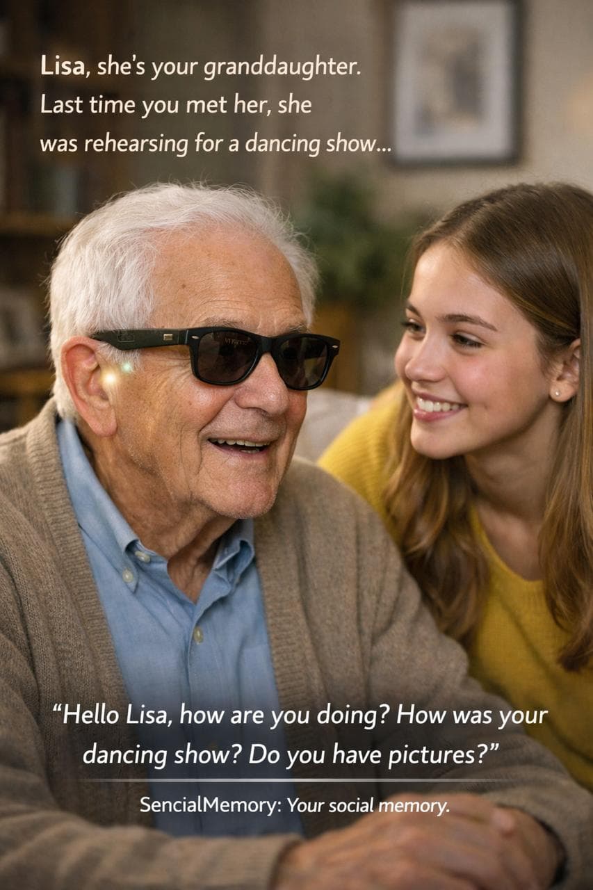 Grandfather wearing smart glasses reconnecting with his granddaughter Lisa